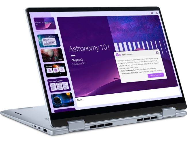 Dell Inspiron 14 Plus 2-in-1 laptop in gray, showing its 360° hinge and touchscreen display.