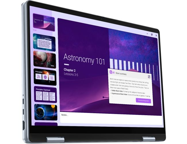 Dell Inspiron 14 Plus 2-in-1 laptop in gray, showing its 360° hinge and touchscreen display.