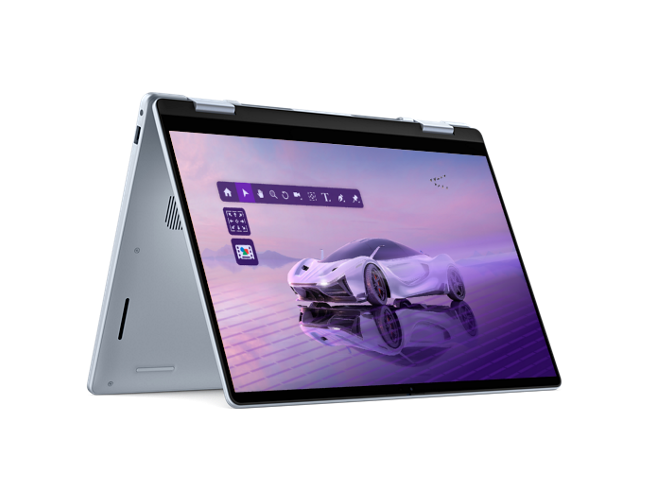 Dell Inspiron 14 Plus 2-in-1 laptop in gray, showing its 360° hinge and touchscreen display.